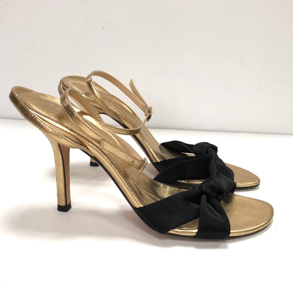 Kate Spade 7 Loupe Black Satin Sandals Gold Heels